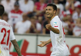 COLOGNE, GERMANY - AUGUST 27: Jonas Hector of Cologne lifts his arms during the Bundesliga match between 1. FC Koeln and SV Darmstadt 98 at RheinEnergieStadion on August 27, 2016 in Cologne, Germany. (Photo by Juergen Schwarz/Bongarts/Getty Images)