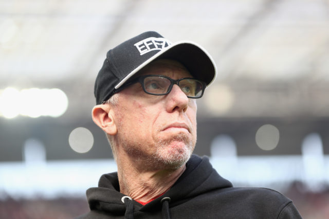 COLOGNE, GERMANY - APRIL 08: Head coach Peter Stoeger of Koeln looks on prior to the Bundesliga match between 1. FC Koeln and Borussia Moenchengladbach at RheinEnergieStadion on April 8, 2017 in Cologne, Germany.