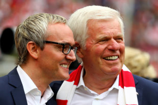 COLOGNE, GERMANY - MAY 23: (L-R) Chairman Alexander Wehrle and vice-president Werner Spinner of Koeln smile prior to the Bundesliga match between 1. FC Koelan and VfL Wolfsburg at RheinEnergieStadion on May 23, 2015 in Cologne, Germany.