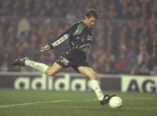 30 Jan 1997: Bodo Illgner of Real Madrid in action during the Spanish cup match between Barcelona and Real Madrid at the Nou Camp Stadium in Barcelona, Spain. Barcelona won 3-2. Mandatory Credit