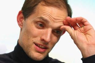 MUNICH, GERMANY - APRIL 26: Thomas Tuchel, head coach of Dortmund looks on during a press conference after the DFB Cup semi final match between FC Bayern Muenchen and Borussia Dortmund at Allianz Arena on April 26, 2017 in Munich, Germany. 