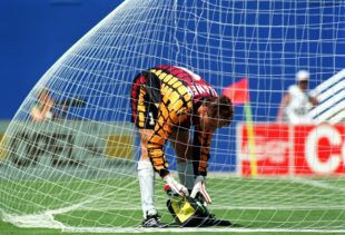 27 Jun 1994: GOAL KEEPER BODO ILLGNER OF GERMANY DURING A BREAK IN ACTION DURING GERMANY'S 3-2 VICTORY OVER SOUTH KOREA IN A 1994 WORLD CUP GAME AT THE COTTON BOWL IN DALLAS, TEXAS.