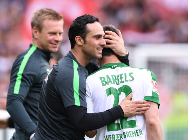 FREIBURG GERMANY - APRIL 1: (L) Headcoach Alexander Nouri and Fin Bartels of Werder Bremen celebrating after the Bundesliga match between Sport Club Freiburg and Werder Bremen at Schwarzwald-Stadion on April 1, 2017 in Freiburg, Germany. 