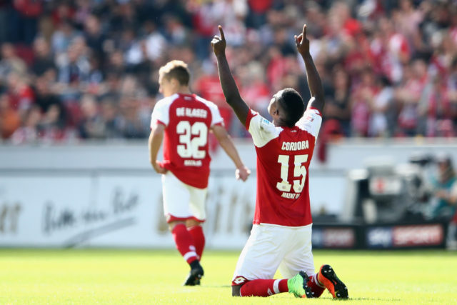MAINZ, GERMANY - MAY 13: Jhon Cordoba of Mainz celebrates his team's first goal during the Bundesliga match between 1. FSV Mainz 05 and Eintracht Frankfurt at Opel Arena on May 13, 2017 in Mainz, Germany. 