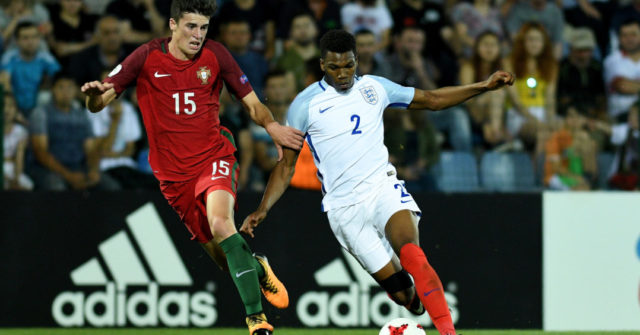 TBILISI, GEORGIA - JULY 15: Dujon Sterling of England in action with Joao Queiros of Portugal during the UEFA European Under-19 Championship Final between England and Portugal on July 15, 2017 in Gori, Georgia. (Photo by Levan Verdzeuli/Getty Images)