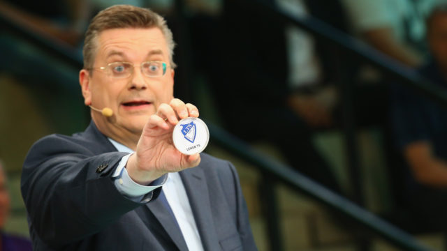 DORTMUND, GERMANY - JUNE 11: Reinhard Grindel, DFB president presents the match between Leher TS and 1. FC Koeln during the DFB Cup Draw at Deutsches Fussballmuseum on June 11, 2017 in Dortmund, Germany. (Photo by Christof Koepsel/Bongarts/Getty Images)