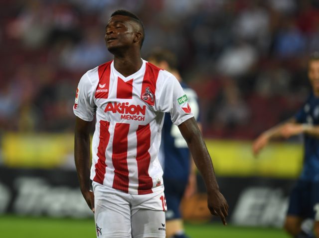 Cologne's striker Jhon Cordoba reacts during the German First division Bundesliga football match 1 FC Cologne vs Hamburg SV in Cologne, western Germany, on August 25, 2017. / AFP PHOTO / PATRIK STOLLARZ (Photo credit should read PATRIK STOLLARZ/AFP/Getty Images)