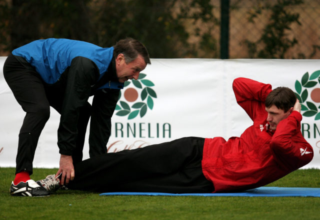 BELEK, TURKEY - JANUARY 16: Injured player Milivoje Novakovic trains with assistant coach Rolf Herings during a training session at the Cornelia football ground during 1. FC Koeln training camp on January 16, 2009 in Belek, Turkey. (Photo by Lars Baron/Bongarts/Getty Images)
