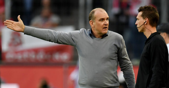 Cologne´s managing director Joerg Schmadtke reacts during the German First division Bundesliga football match 1.FC Cologne vs Eintracht Frankfurt in Cologne, western Germany, on September 20, 2017. / AFP PHOTO / PATRIK STOLLARZ (Photo credit should read PATRIK STOLLARZ/AFP/Getty Images)