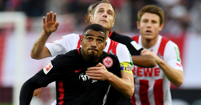 Cologne's midfielder Matthias Lehmann and Frankfurt´s midfielder Kevin-Prince Boateng vie for the ball during the German First division Bundesliga football match 1.FC Cologne vs Eintracht Frankfurt in Cologne, western Germany, on September 20, 2017. / AFP PHOTO / PATRIK STOLLARZ (Photo credit should read PATRIK STOLLARZ/AFP/Getty Images)