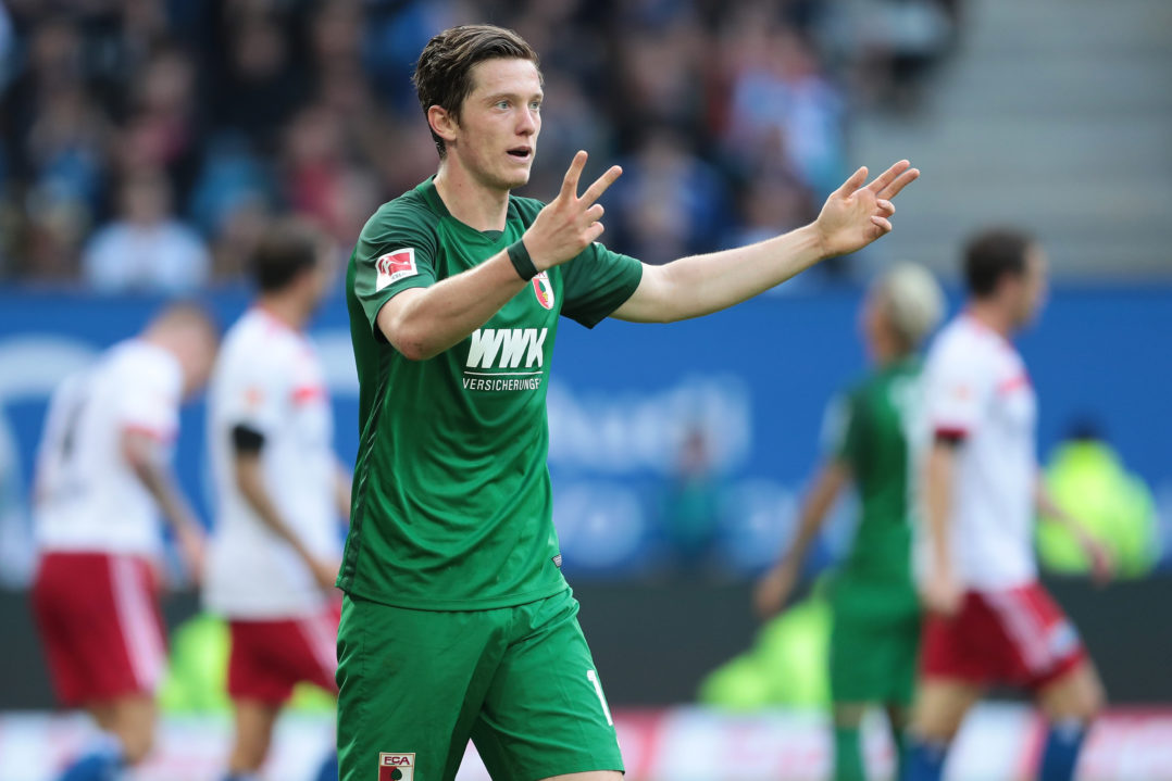 HAMBURG, GERMANY - AUGUST 19: Michael Gregoritsch of Augsburg appears frustrated during the Bundesliga match between Hamburger SV and FC Augsburg at Volksparkstadion on August 19, 2017 in Hamburg, Germany. (Photo by Oliver Hardt/Bongarts/Getty Images)