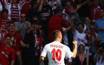 Lukas Podolski im Exklusiv-Interview: „Die Fans haben sich das verdient“ FREIBURG IM BREISGAU, GERMANY - APRIL 28: Lukas Podolski of Koeln celebrates his team's first goal during the Bundesliga match between SC Freiburg and 1. FC Koeln at Badenova Stadium on April 28, 2012 in Freiburg im Breisgau, Germany. (Photo by Alex Grimm/Bongarts/Getty Images)