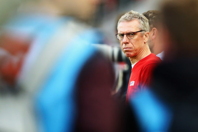 COLOGNE, GERMANY - OCTOBER 01: FC Kaoeln Manager / Head Coach, Peter Stoger looks on during the Bundesliga match between 1. FC Koeln and RB Leipzig at RheinEnergieStadion on October 1, 2017 in Cologne, Germany. (Photo by Dean Mouhtaropoulos/Bongarts/Getty Images)