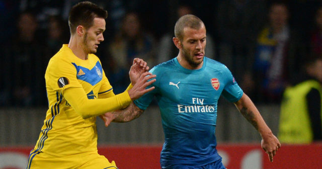 BATE Borisov's midfielder from Montenegro Mirko Ivanic (L) and Arsenal's midfielder from England Jack Wilshere vie for the ball during the UEFA Europa League Group H football match between FC BATE Borisov and Arsenal FC in Borisov, outside Minsk, on September 28, 2017. / AFP PHOTO / Maxim MALINOVSKY (Photo credit should read MAXIM MALINOVSKY/AFP/Getty Images)