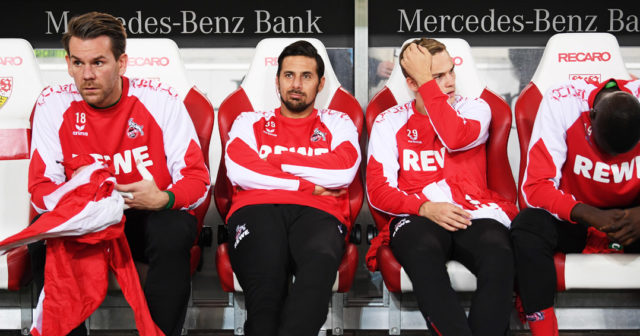 STUTTGART, GERMANY - OCTOBER 13: Claudio Pizarro of 1.FC Koeln sits on the bench during the Bundesliga match between VfB Stuttgart and 1. FC Koeln at Mercedes-Benz Arena on October 13, 2017 in Stuttgart, Germany. (Photo by Matthias Hangst/Bongarts/Getty Images)